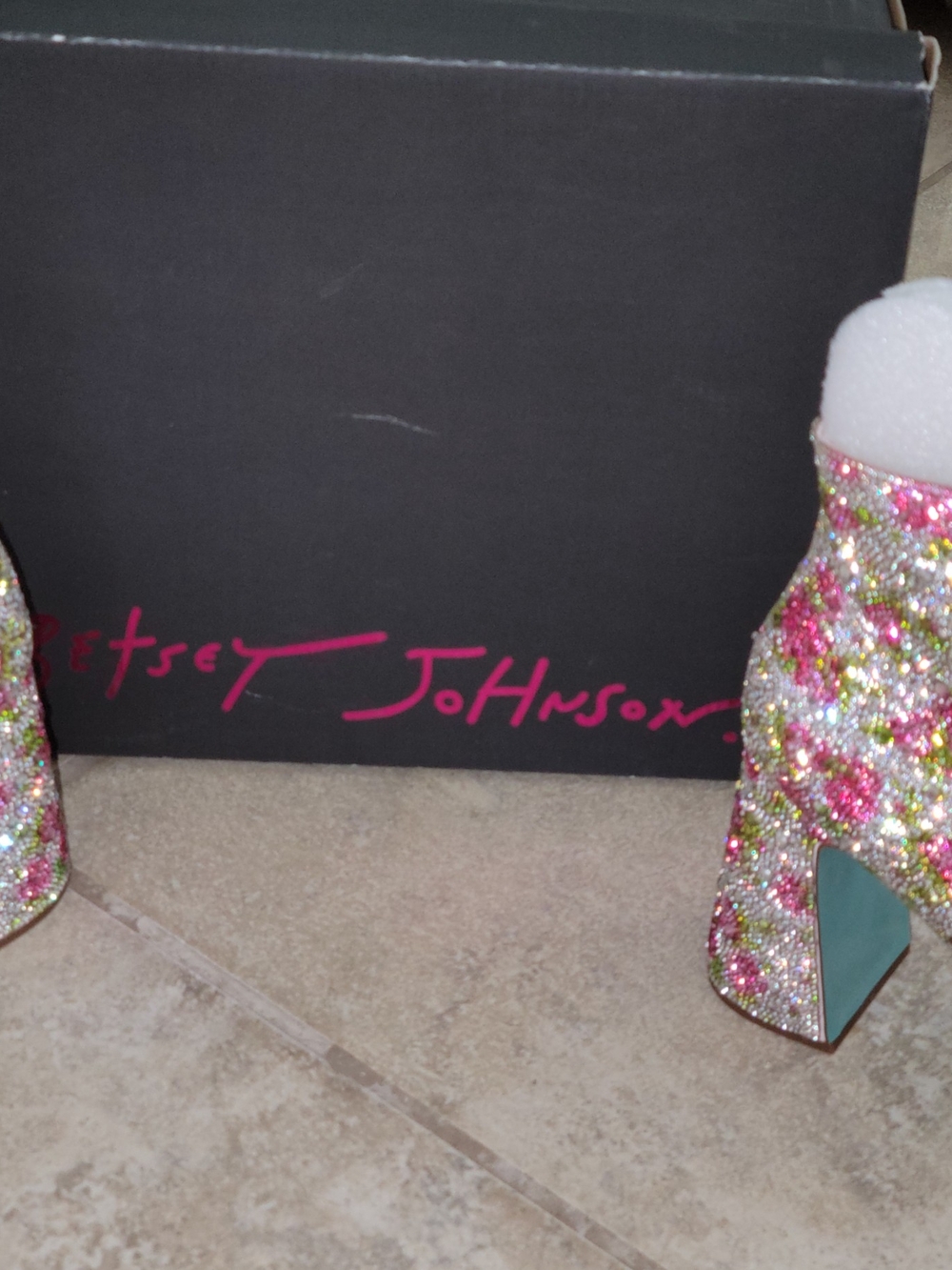 Betsey Johnson Pink Floral Crystal Ankle Boots with Turquoise Soles - Picture 3 of 6